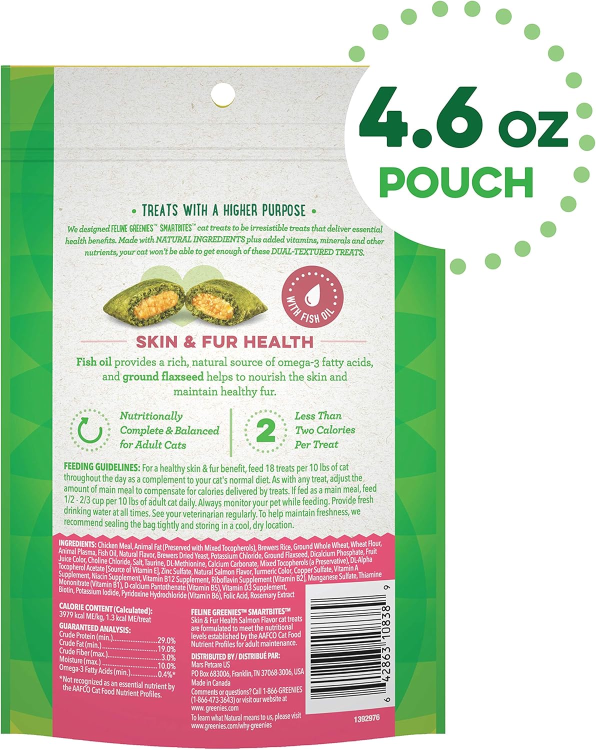 FELINE SMARTBITES Skin & Fur Health Crunchy and Soft Natural Cat Treats, Salmon Flavor, 4.6 Oz. Pack