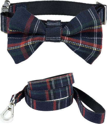 Scottish Tartan Bowtie Dog Collar & Leash Set with Detachable Bow Tie for Girl or Boy Dogs Comfortable Plaid Pattern, Fully Adjustable, Great Pet Gift (XS, Blue)